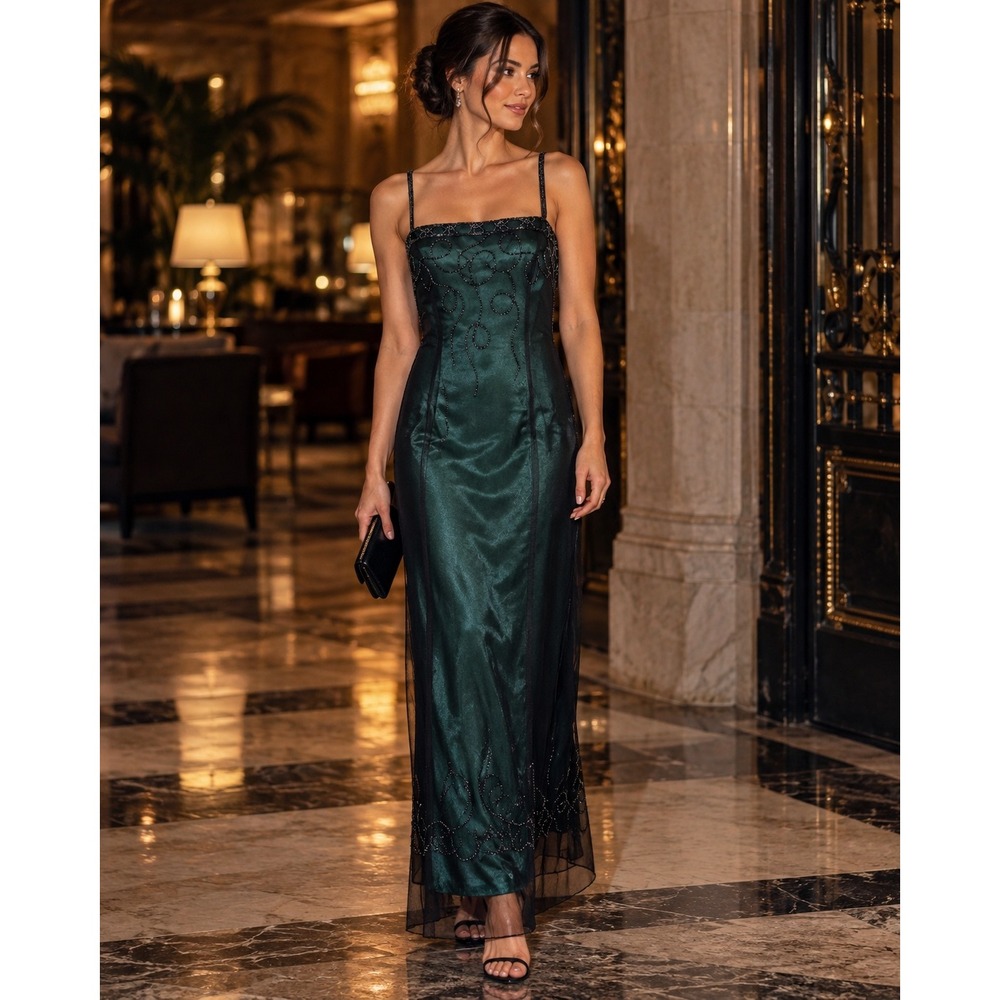 Vintage Y2K Emerald Green Satin Black Mesh Beaded Formal Gown, Medium Black Tie